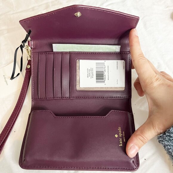NEW Kate Spade iPhone Wristlet Deep Plum Red Glitter Wallet Card Slots Envelope - Picture 4 of 7